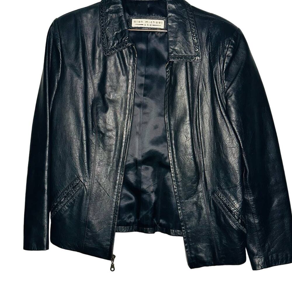 Vintage Alan Michael Black Braided Leather Zip Up Front Leather Blazer Jacket M